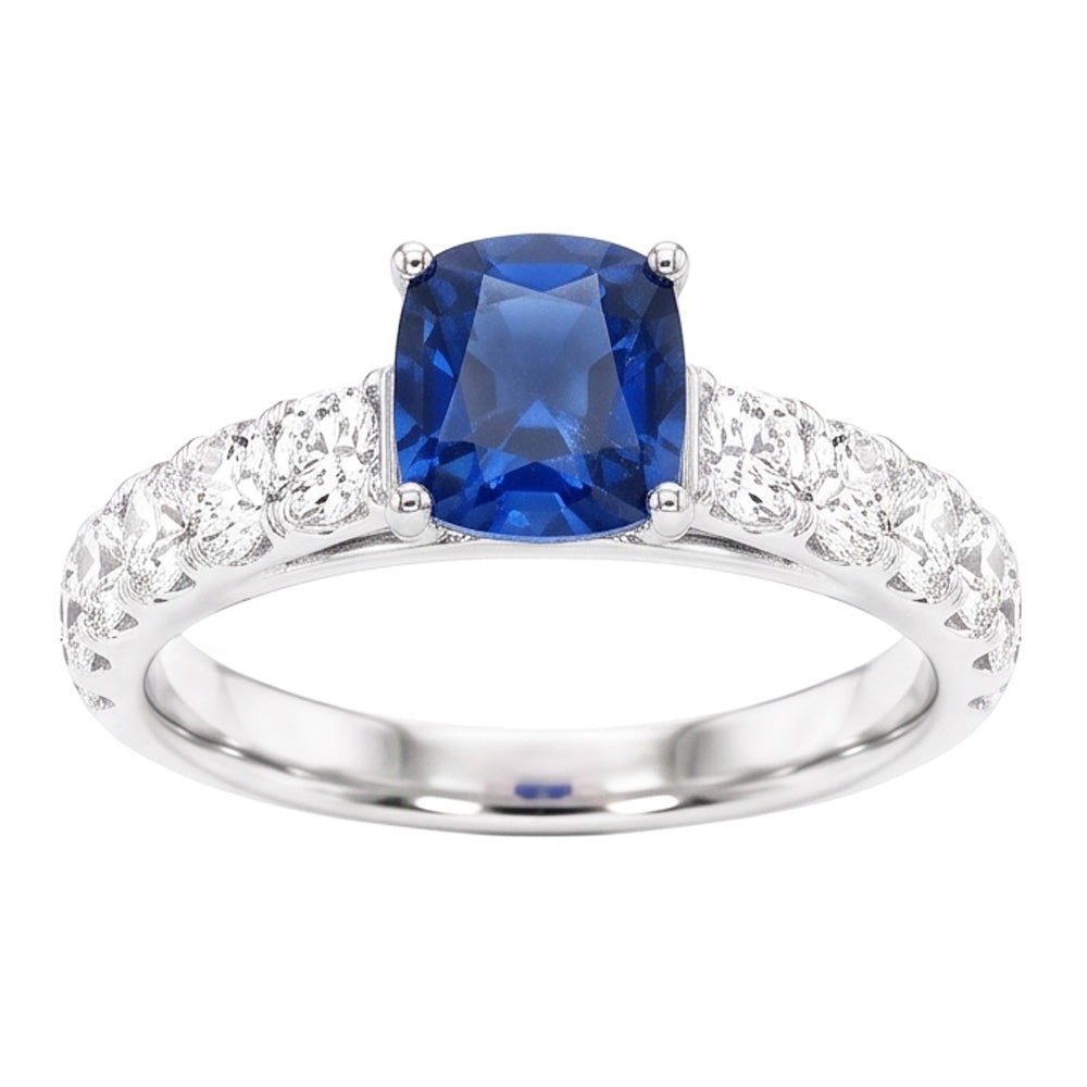 Anello con pietra preziosa blu zaffiro cuscino rotondo diamante 3 carati oro bianco