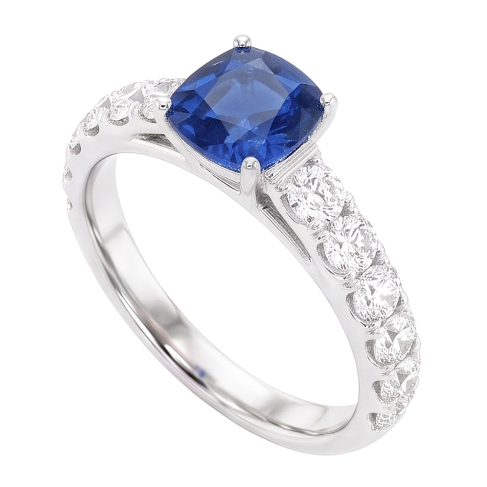 Anello con pietra preziosa blu zaffiro cuscino rotondo diamante 3 carati oro bianco