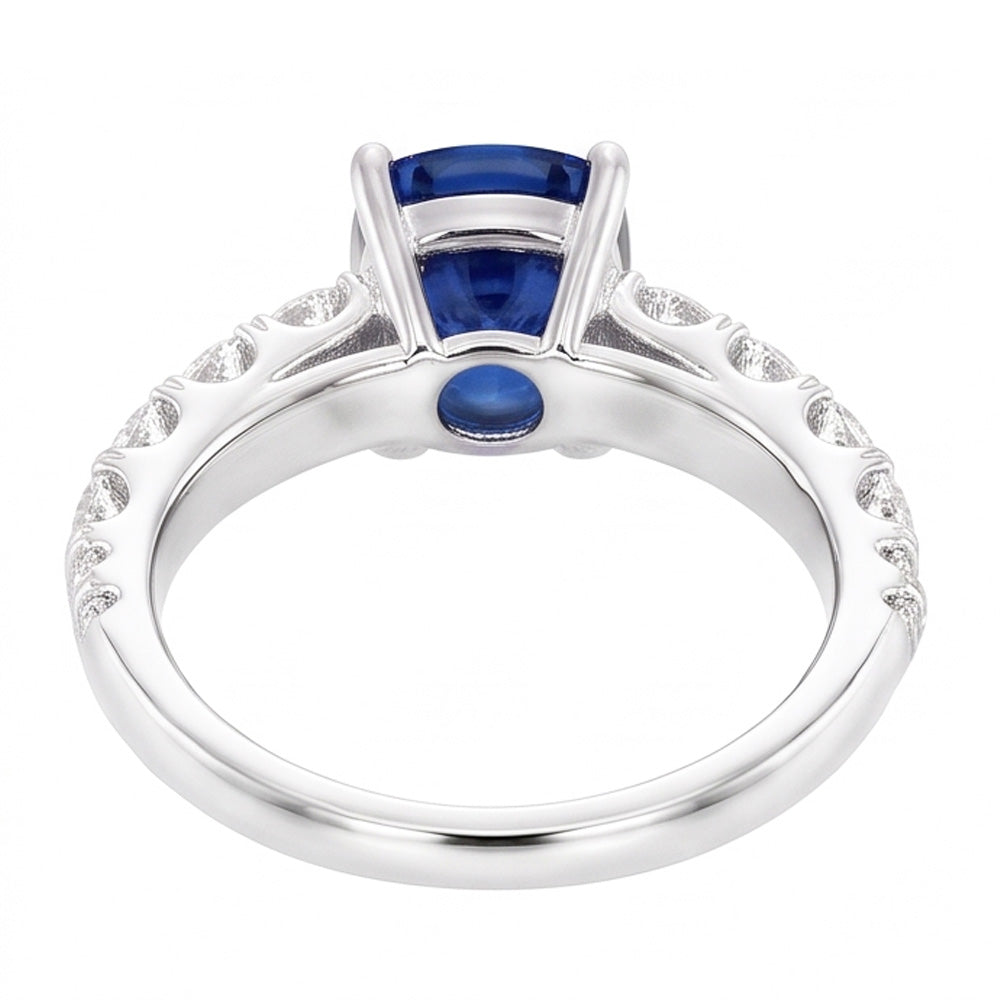 Anello con pietra preziosa blu zaffiro cuscino rotondo diamante 3 carati oro bianco