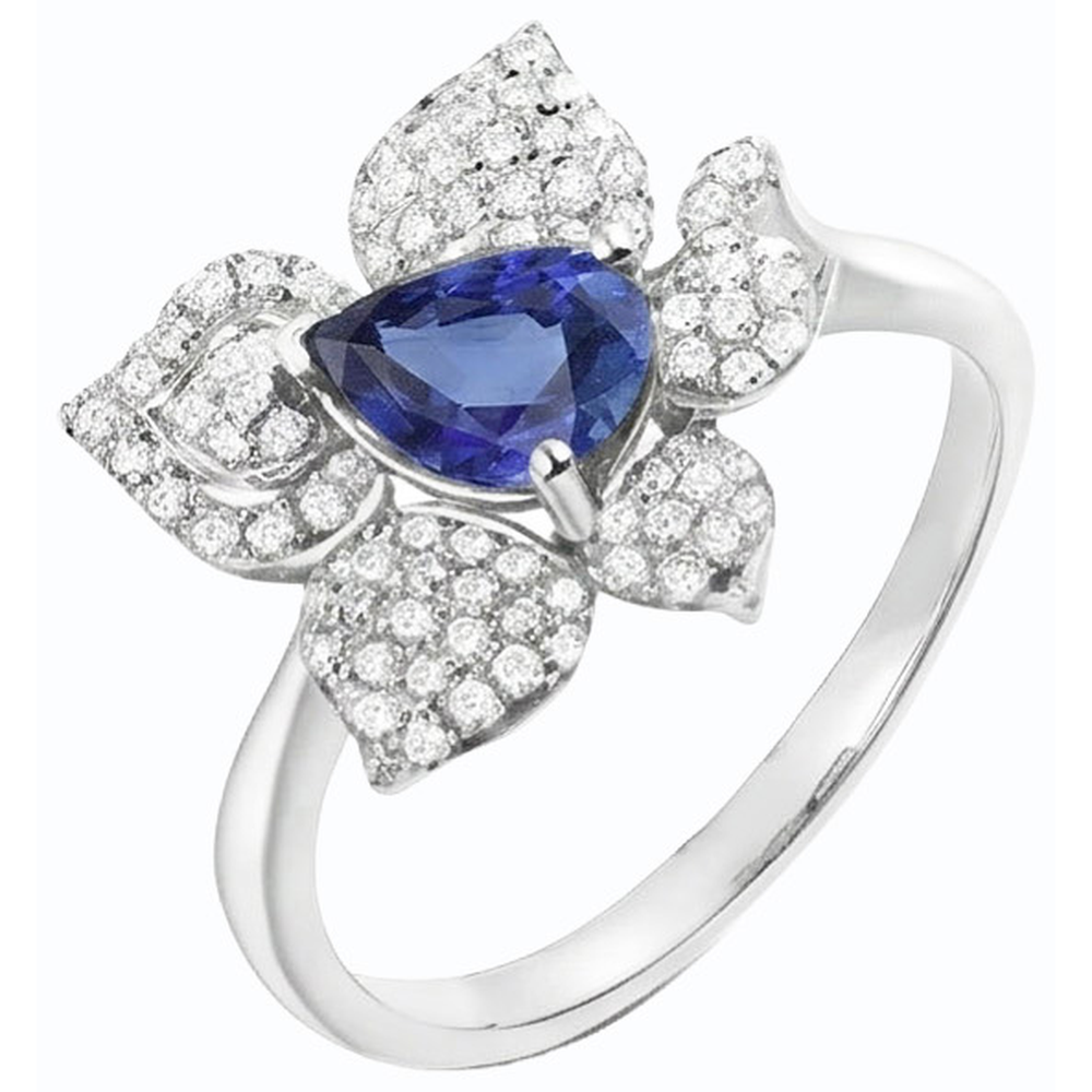 Anello con pietra preziosa di zaffiro blu e diamanti a forma di fiore da 2,50 carati con oro bianco 14K