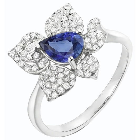 Anello con pietra preziosa di zaffiro blu e diamanti a forma di fiore da 2,50 carati con oro bianco 14K