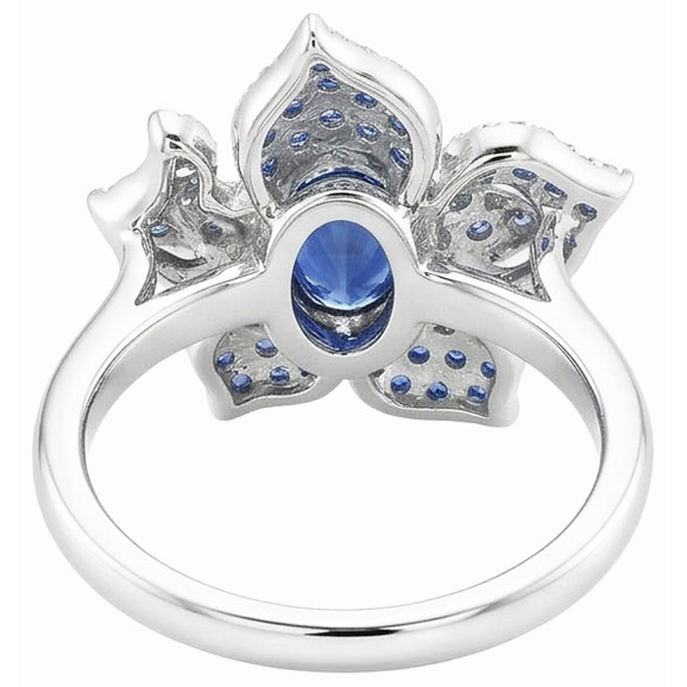 Anello con pietra preziosa di zaffiro blu e diamanti a forma di fiore da 2,50 carati con oro bianco 14K