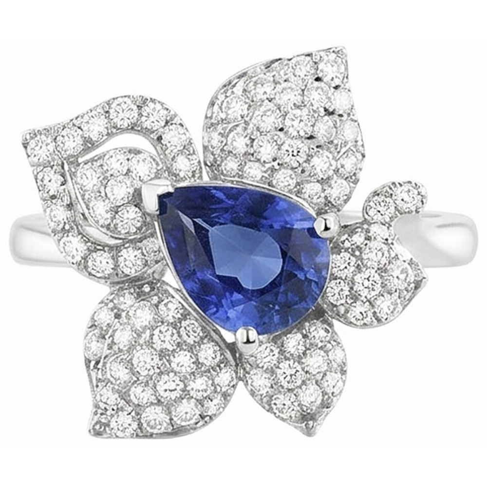 Anello con pietra preziosa di zaffiro blu e diamanti a forma di fiore da 2,50 carati con oro bianco 14K
