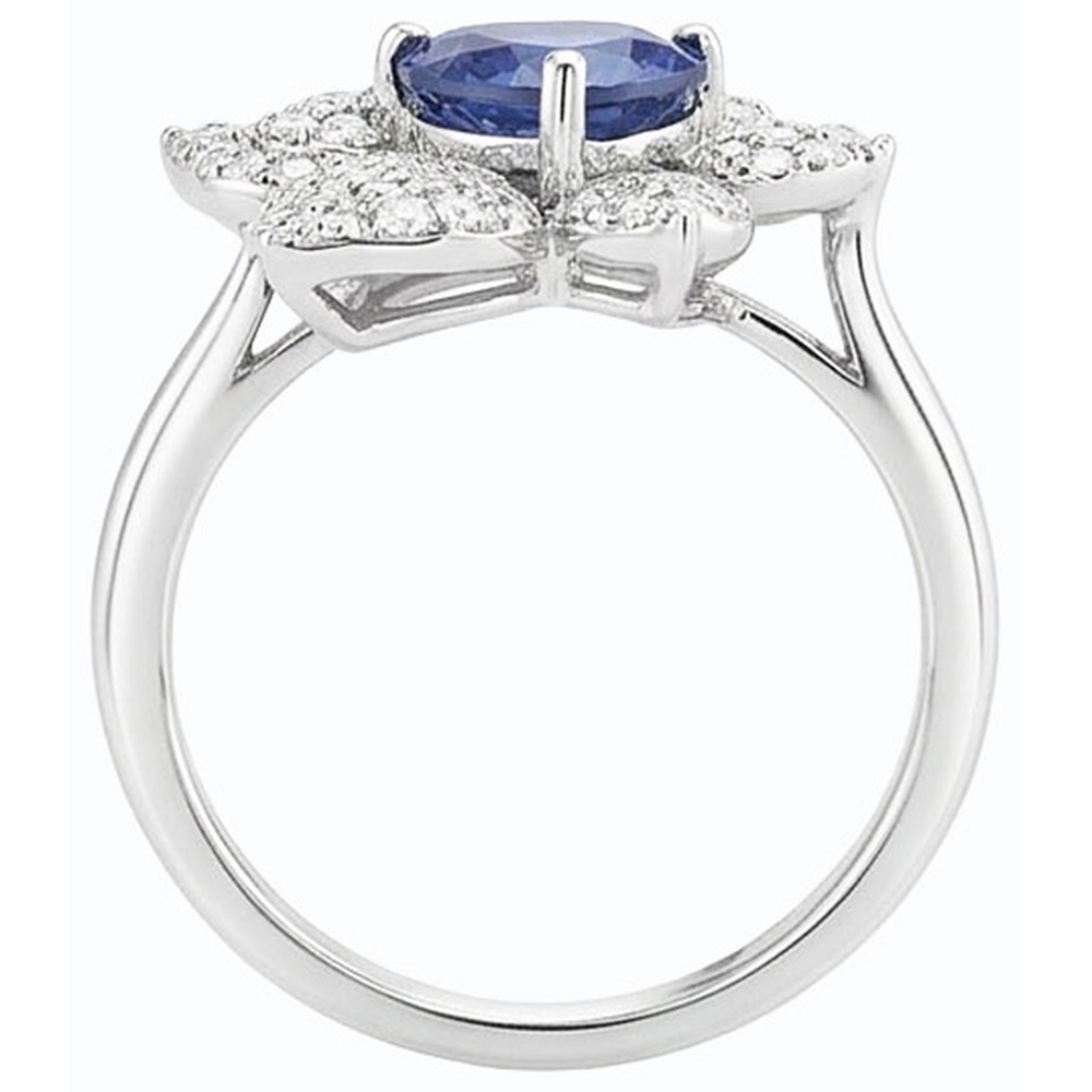 Anello con pietra preziosa di zaffiro blu e diamanti a forma di fiore da 2,50 carati con oro bianco 14K