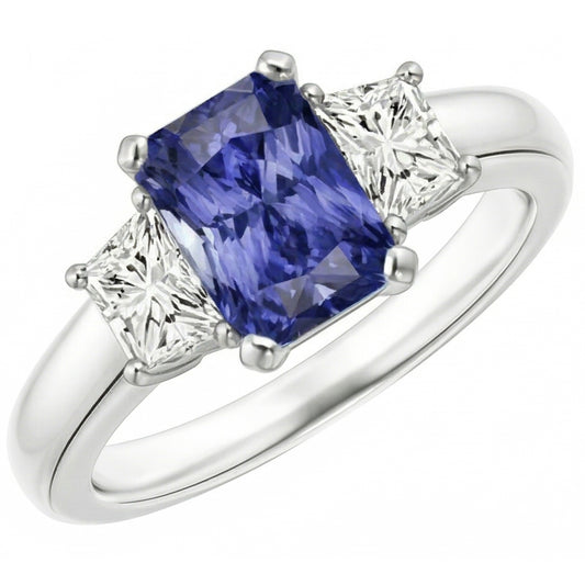 Anello con pietra preziosa di zaffiro da 2,50 carati e gioielli di diamanti 3 pietre trapezoidali
