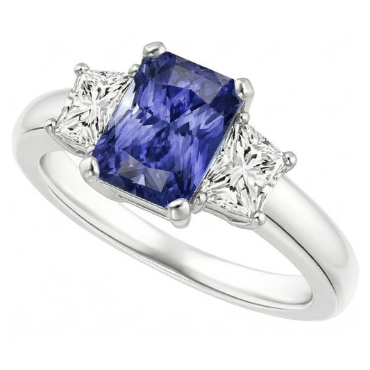 Anello con pietra preziosa di zaffiro da 2,50 carati e gioielli di diamanti 3 pietre trapezoidali