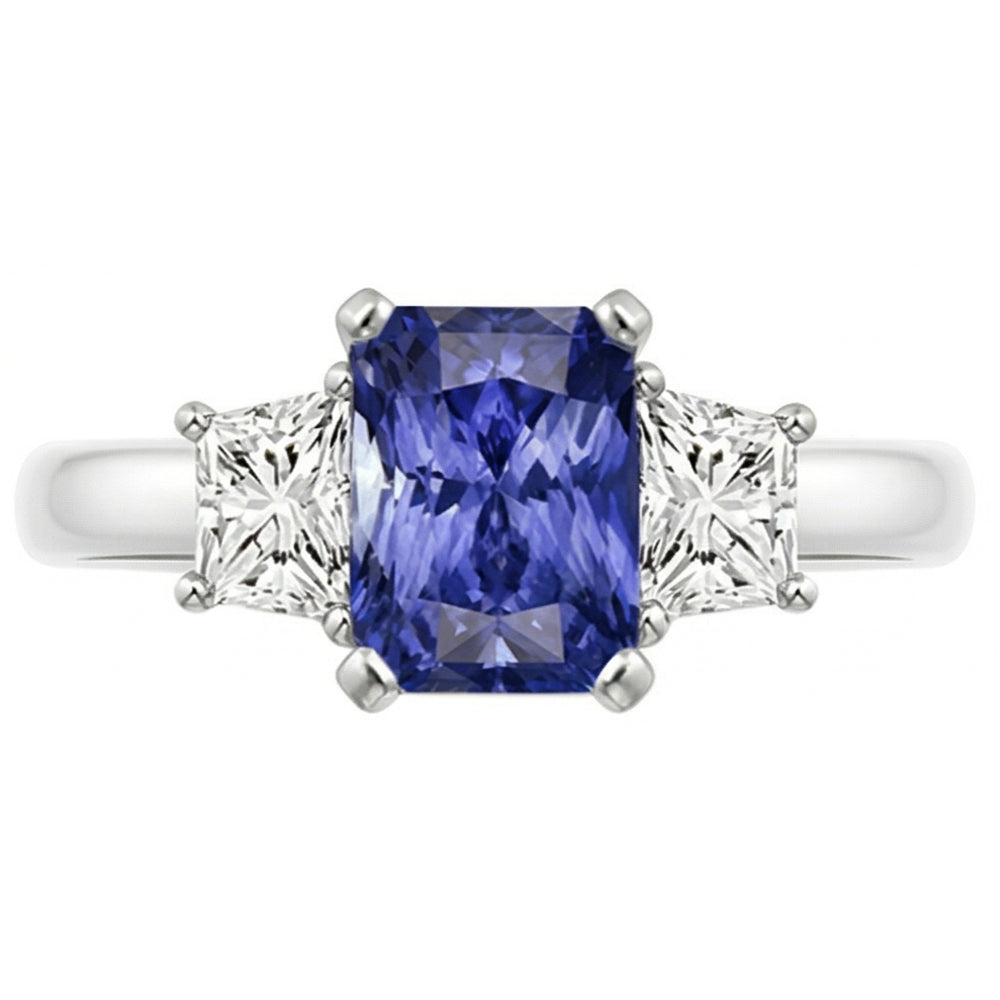 Anello con pietra preziosa di zaffiro da 2,50 carati e gioielli di diamanti 3 pietre trapezoidali