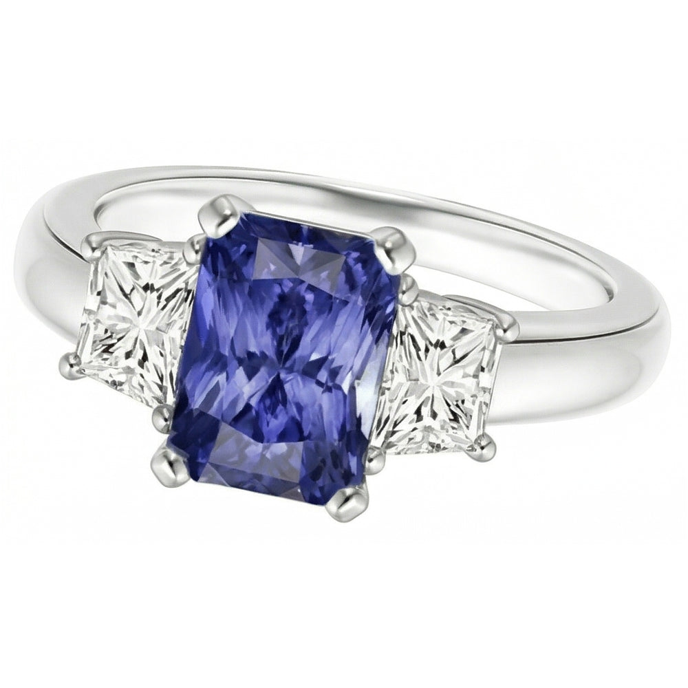 Anello con pietra preziosa di zaffiro da 2,50 carati e gioielli di diamanti 3 pietre trapezoidali