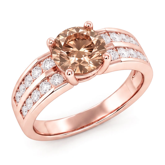 Anello con pietra preziosa rotonda marrone champagne con diamanti in oro rosa 2,5 carati 14K