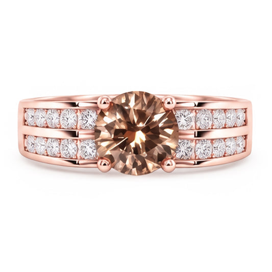 Anello con pietra preziosa rotonda marrone champagne con diamanti in oro rosa 2,5 carati 14K