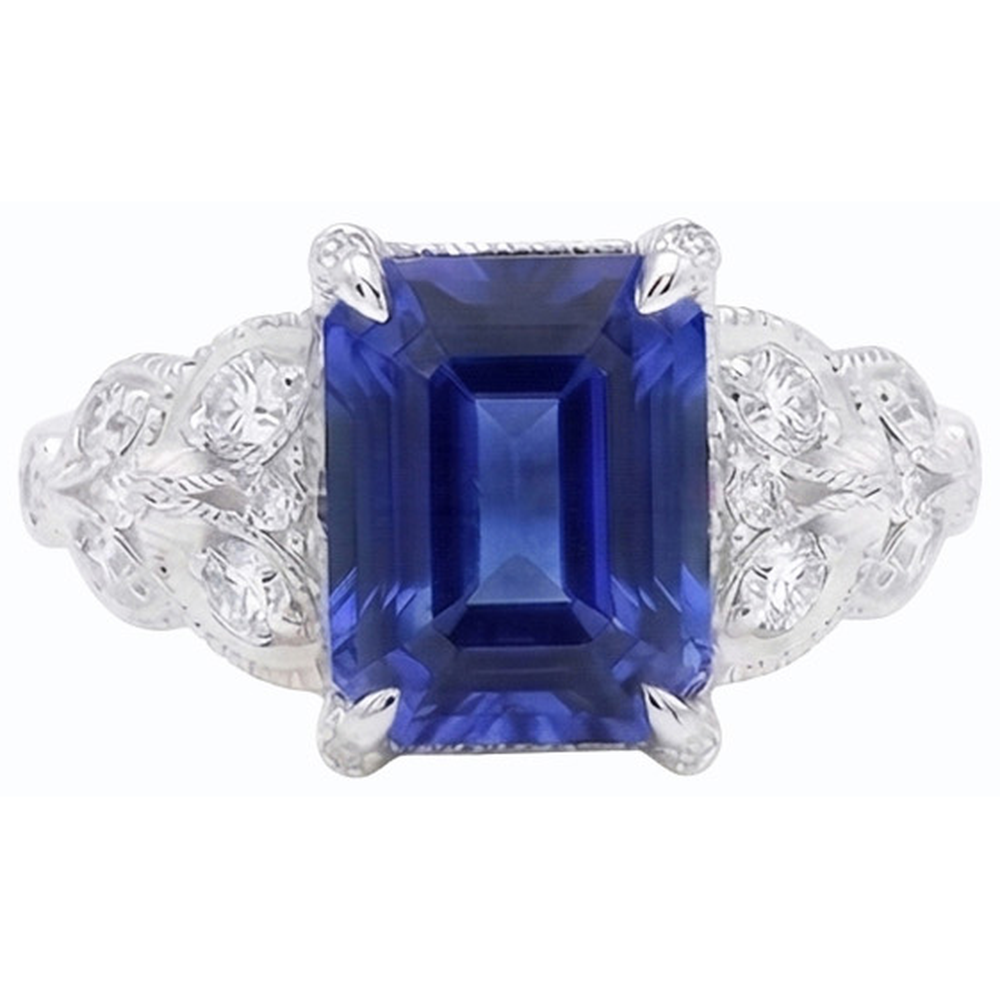 Anello con pietra preziosa smeraldo Ceylon Sapphire Leaf Style Diamanti Naturali Autentici ( non creati in laboratorio ) 3,50 carati