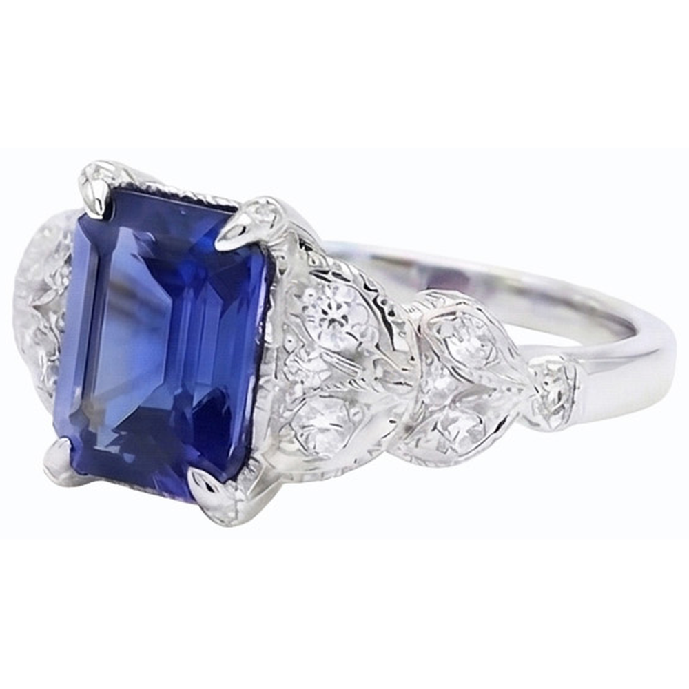 Anello con pietra preziosa smeraldo Ceylon Sapphire Leaf Style Diamanti Naturali Autentici ( non creati in laboratorio ) 3,50 carati