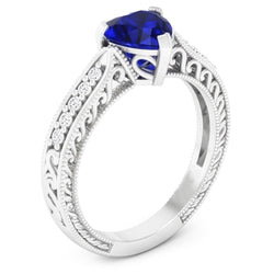 Anello con pietre preziose 2 carati Cuore blu zaffiro con gioielli in oro bianco 14K Milgrain Shank