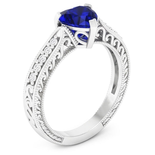 Anello con pietre preziose 2 carati Cuore blu zaffiro con gioielli in oro bianco 14K Milgrain Shank