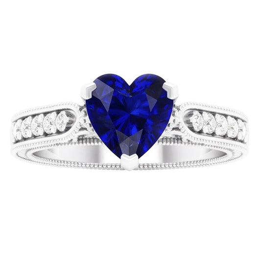 Anello con pietre preziose 2 carati Cuore blu zaffiro con gioielli in oro bianco 14K Milgrain Shank