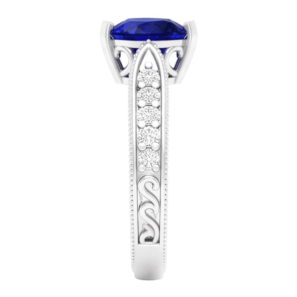 Anello con pietre preziose 2 carati Cuore blu zaffiro con gioielli in oro bianco 14K Milgrain Shank