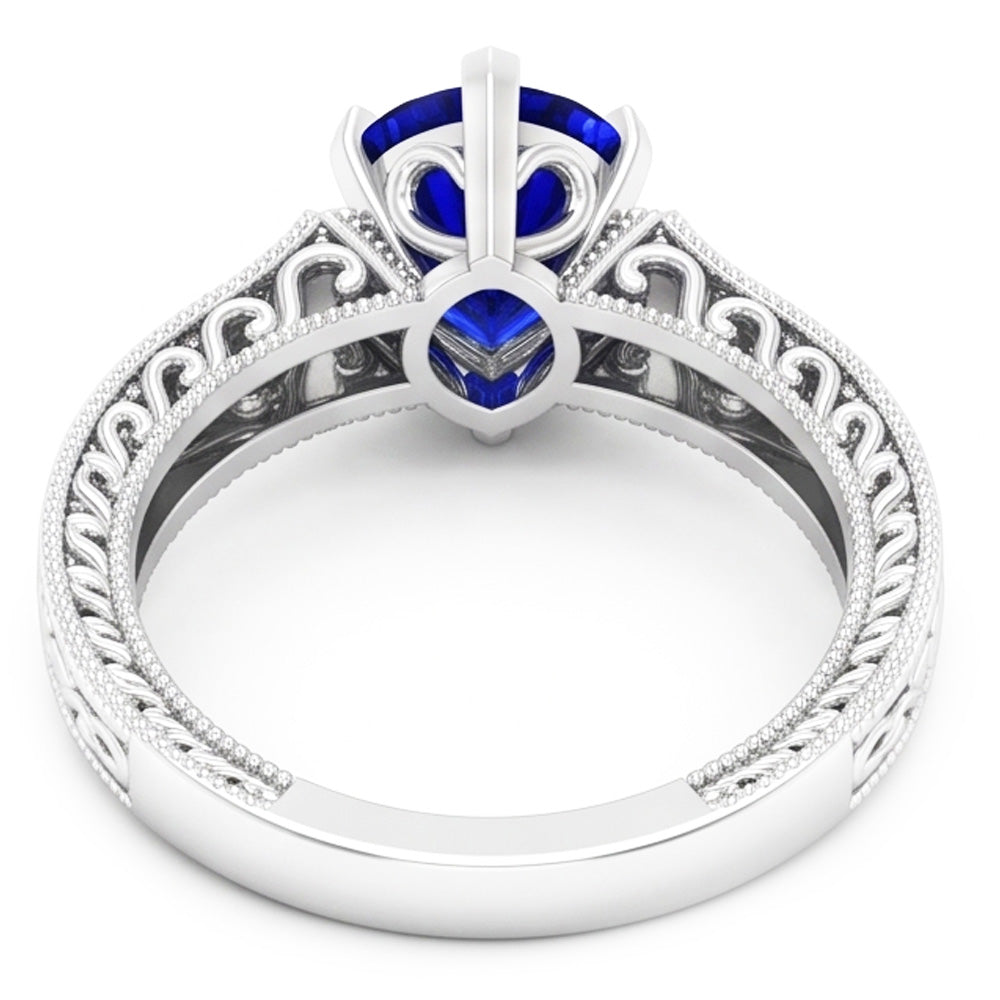 Anello con pietre preziose 2 carati Cuore blu zaffiro con gioielli in oro bianco 14K Milgrain Shank