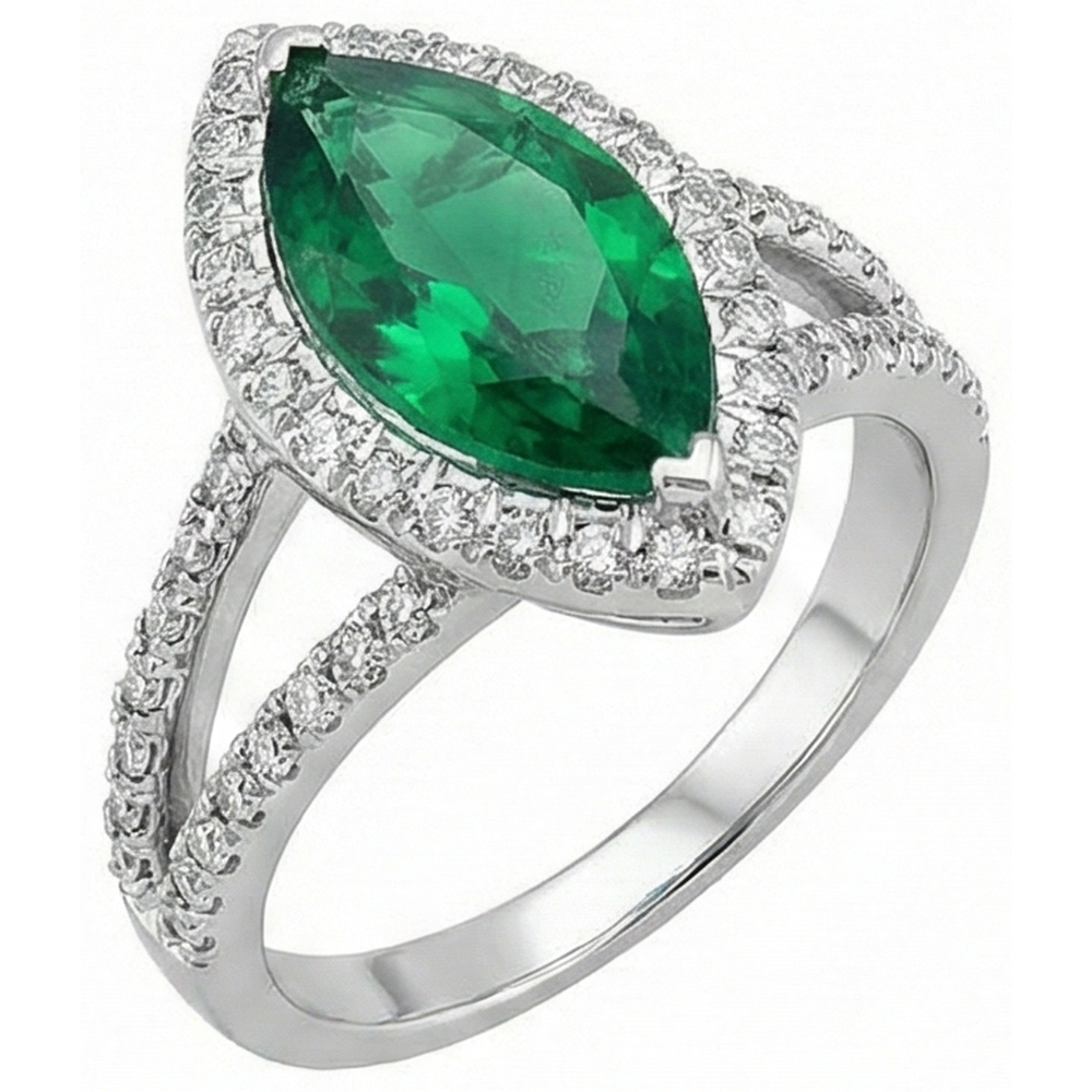 Anello con pietre preziose Verde Smeraldo Marchese 14K e diamanti rotondi 3,35 ct.