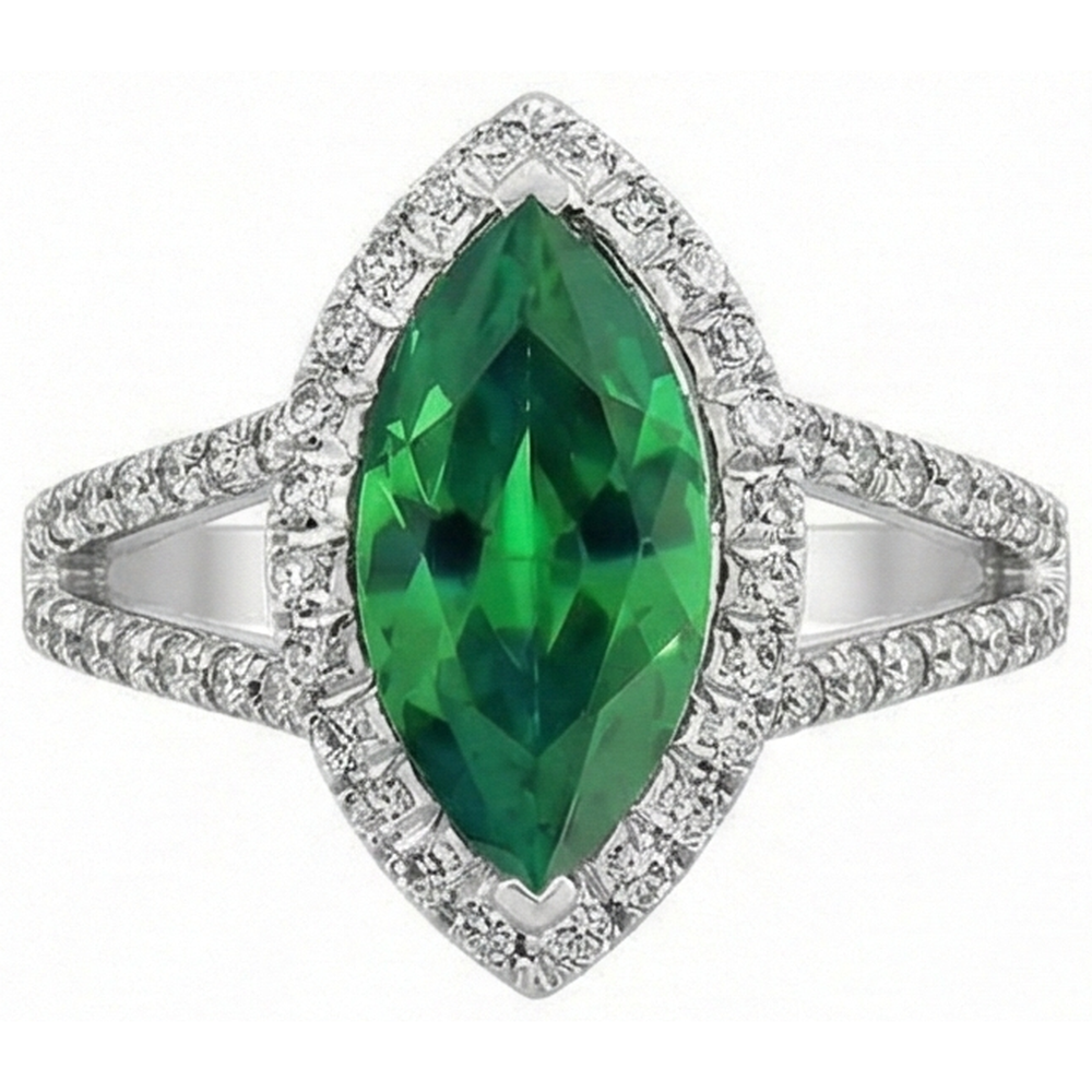 Anello con pietre preziose Verde Smeraldo Marchese 14K e diamanti rotondi 3,35 ct.