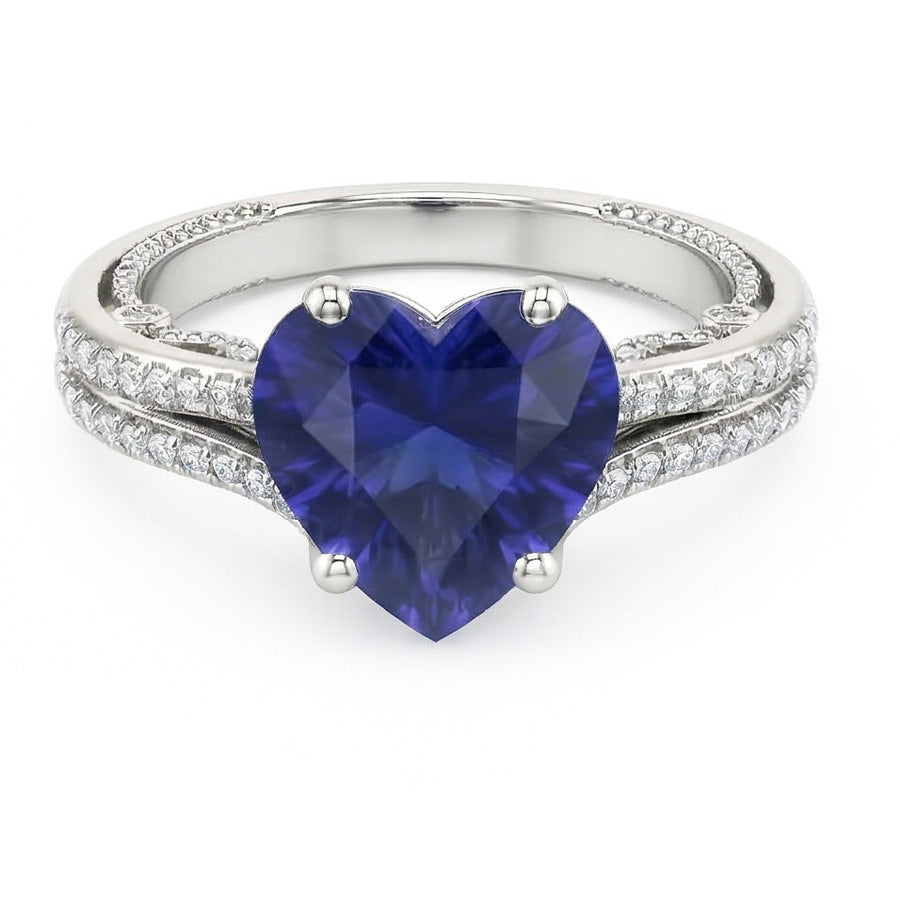 Anello con pietre preziose Zaffiro dello Sri Lanka taglio a cuore 4.50 carati con gambo in filigrana