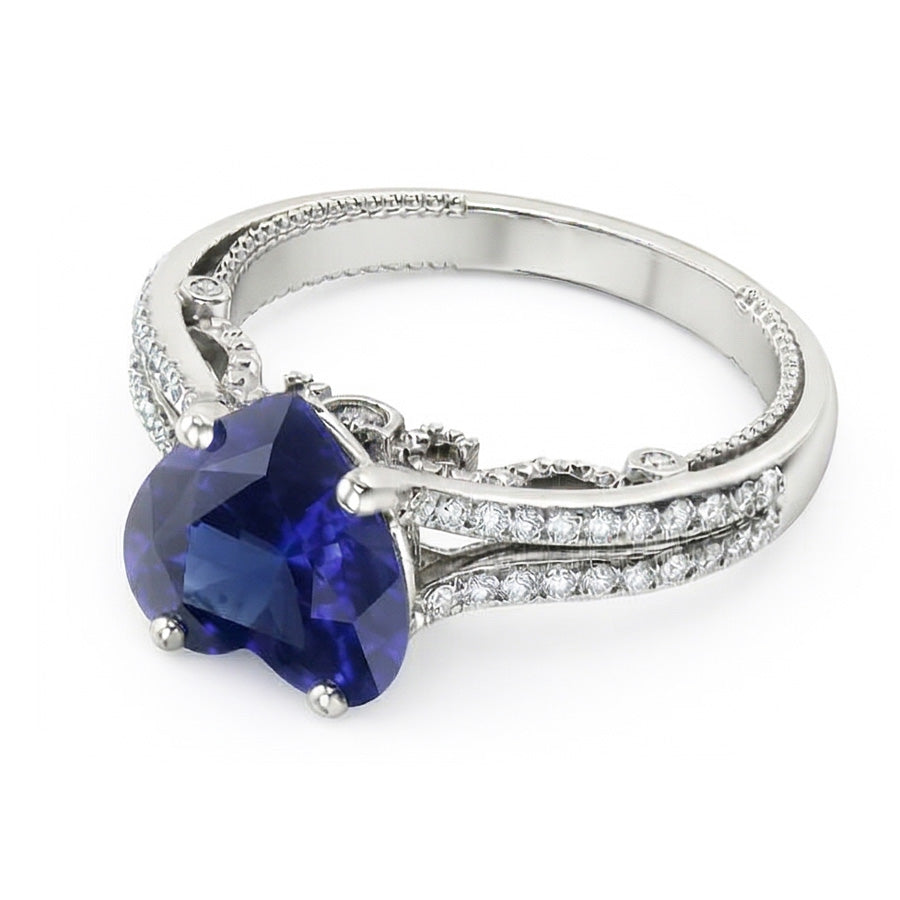 Anello con pietre preziose Zaffiro dello Sri Lanka taglio a cuore 4.50 carati con gambo in filigrana