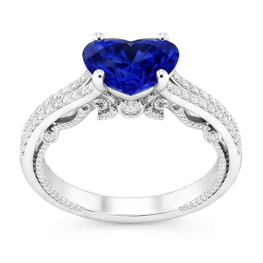 Anello con pietre preziose Zaffiro dello Sri Lanka taglio a cuore 4.50 carati con gambo in filigrana
