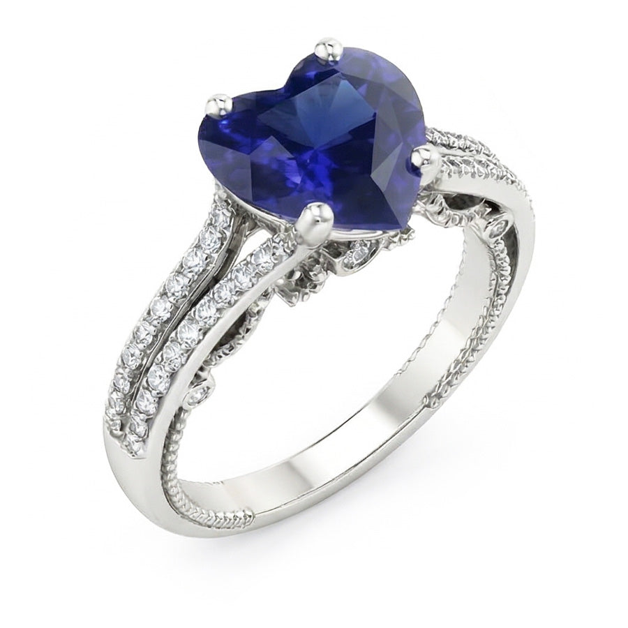 Anello con pietre preziose Zaffiro dello Sri Lanka taglio a cuore 4.50 carati con gambo in filigrana