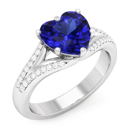 Anello con pietre preziose Zaffiro di Ceylon. pavé di diamanti. gambo diviso 3.50 carati