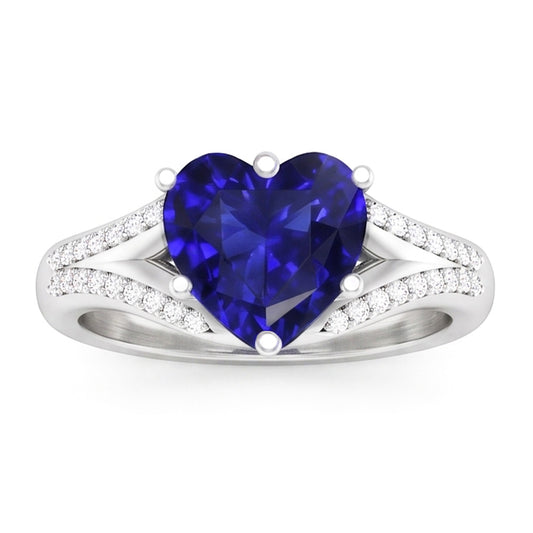 Anello con pietre preziose Zaffiro di Ceylon. pavé di diamanti. gambo diviso 3.50 carati