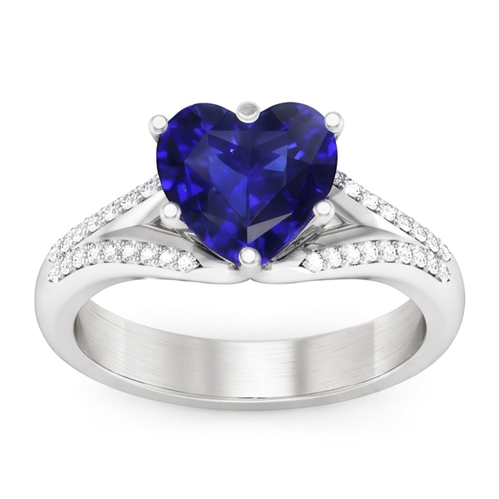 Anello con pietre preziose Zaffiro di Ceylon. pavé di diamanti. gambo diviso 3.50 carati