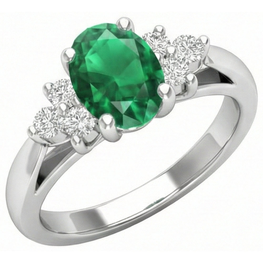 Anello con pietre preziose in oro bianco 14K con diamanti e Verde smeraldo. 3.10 carati