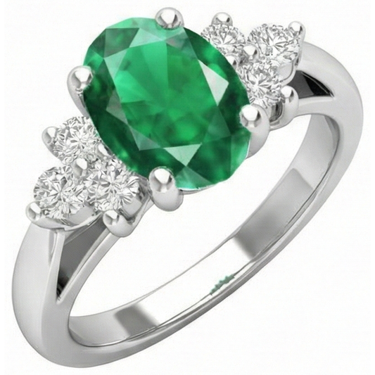 Anello con pietre preziose in oro bianco 14K con diamanti e Verde smeraldo. 3.10 carati