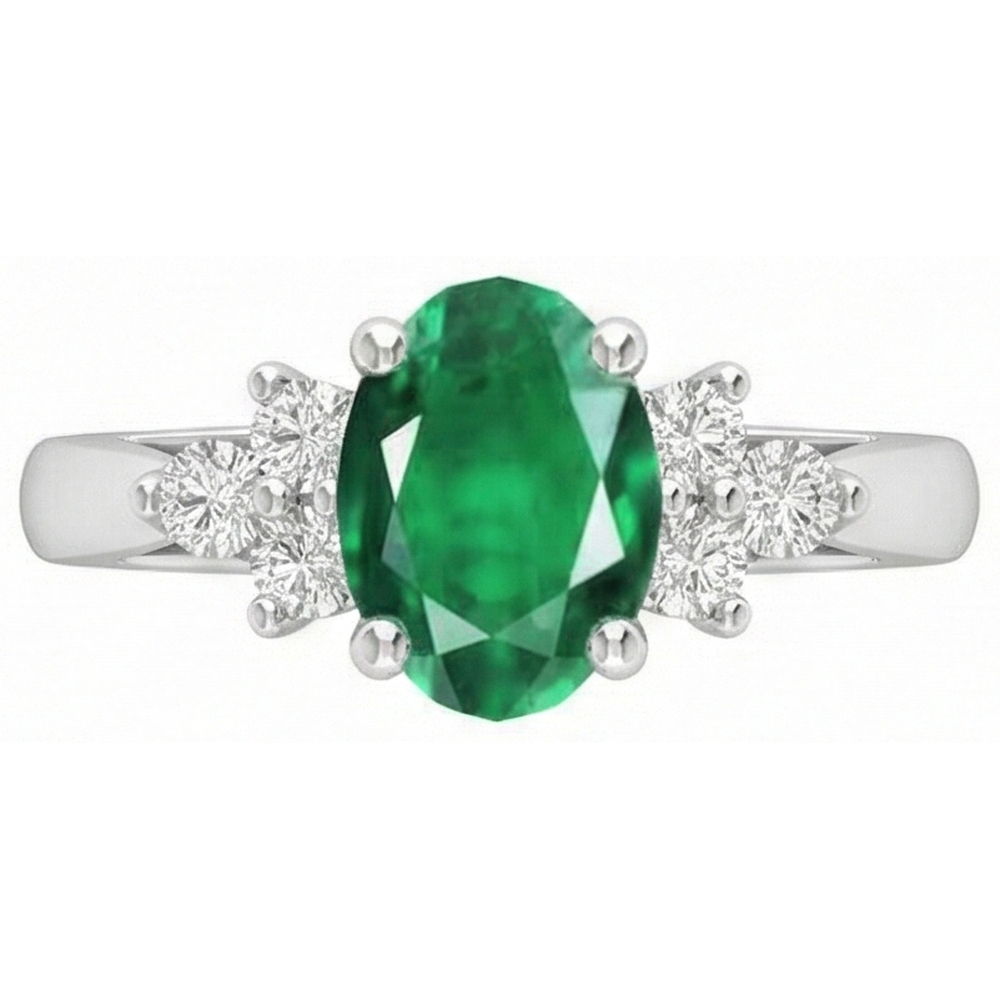 Anello con pietre preziose in oro bianco 14K con diamanti e Verde smeraldo. 3.10 carati
