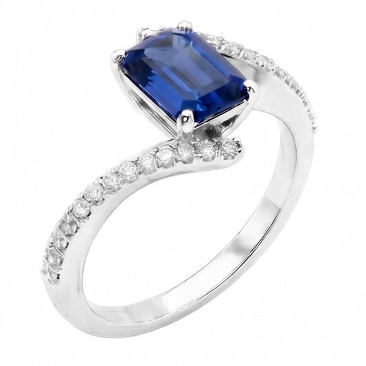 Anello con pietre preziose in zaffiro blu da 2,50 carati con accenti di stile di tensione