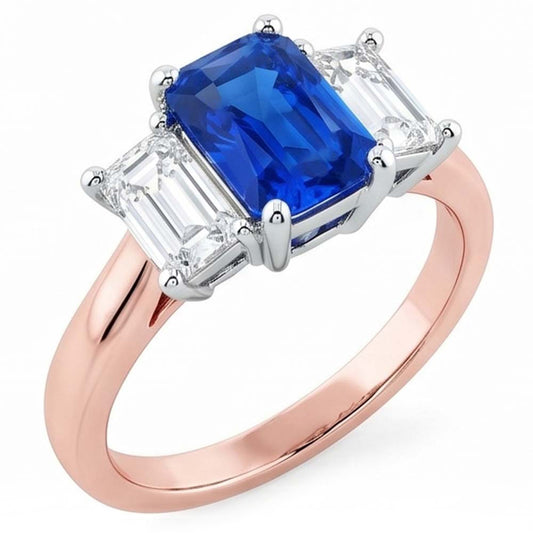 Anello con pietre preziose in zaffiro radioso bicolore 3 pietre 1,50 carati con oro bianco 14K