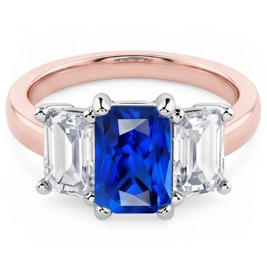 Anello con pietre preziose in zaffiro radioso bicolore 3 pietre 1,50 carati con oro bianco 14K