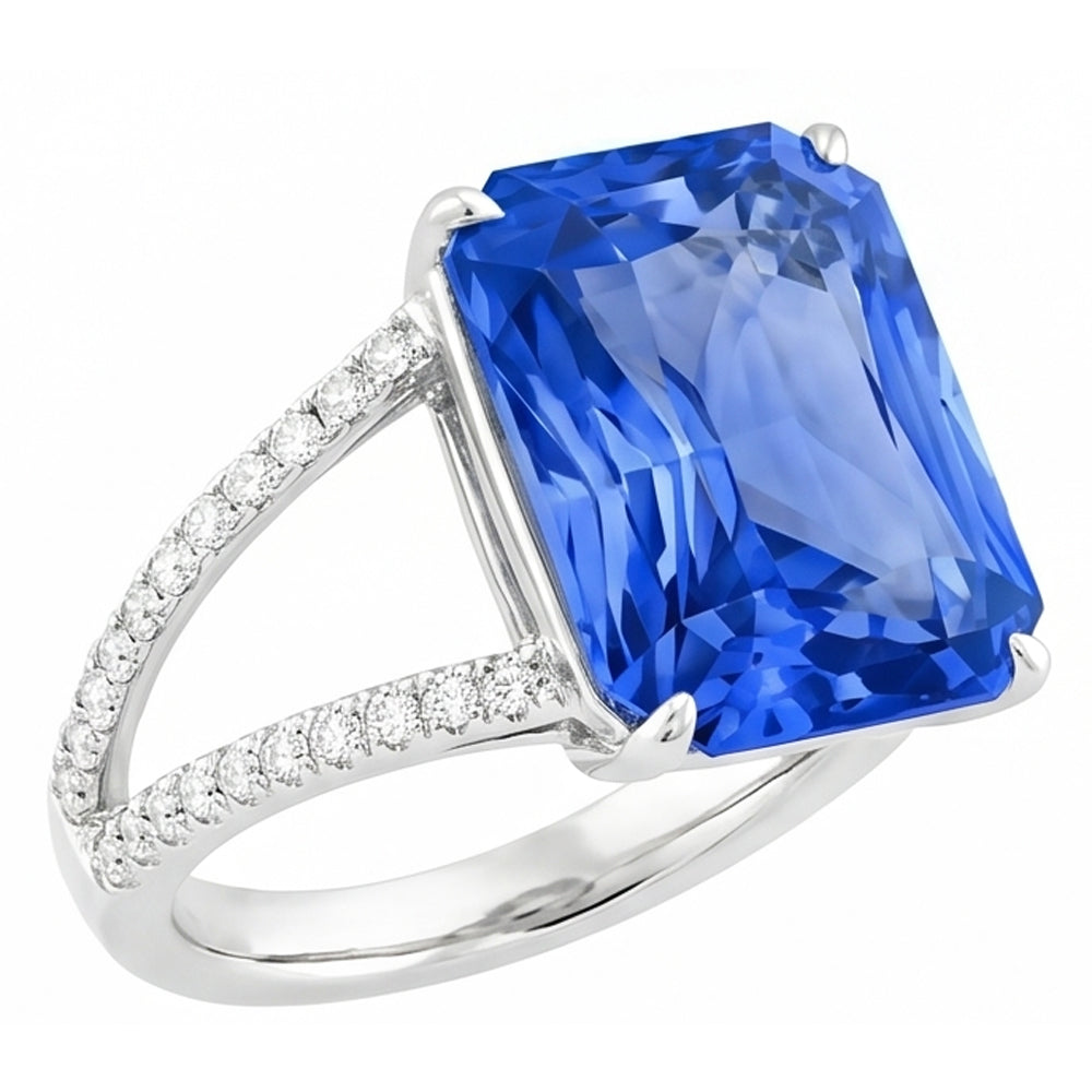 Anello con pietre preziose. zaffiro blu radiante con gambo diviso. diamante rotondo 5 carati
