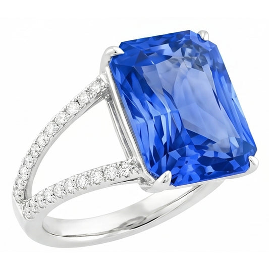 Anello con pietre preziose. zaffiro blu radiante con gambo diviso. diamante rotondo 5 carati