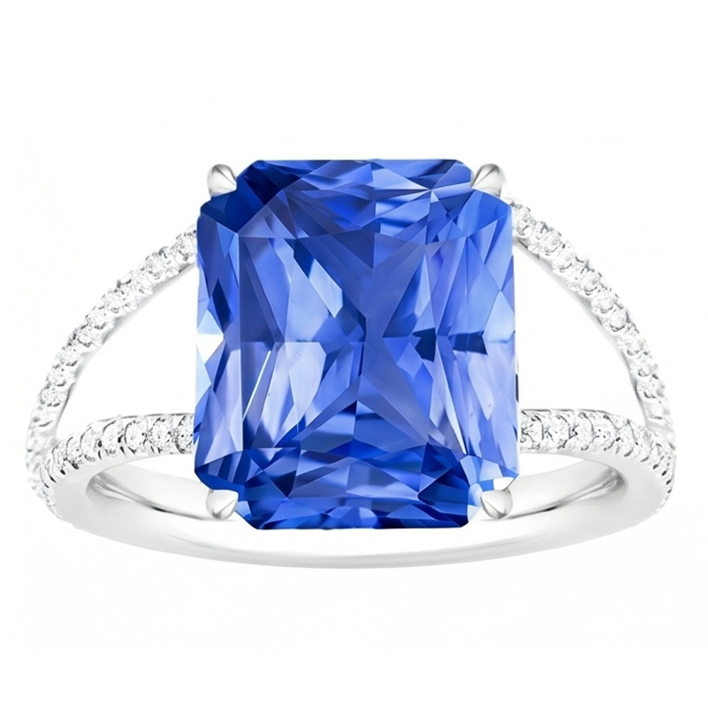 Anello con pietre preziose. zaffiro blu radiante con gambo diviso. diamante rotondo 5 carati