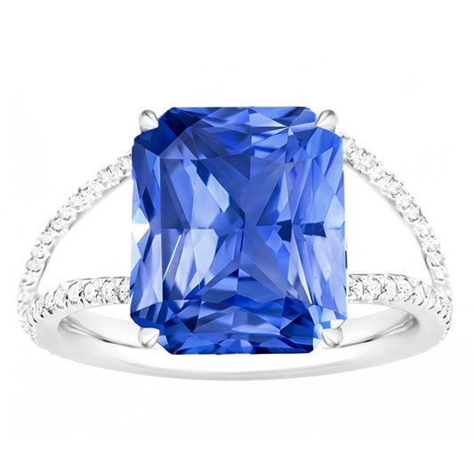 Anello con pietre preziose. zaffiro blu radiante con gambo diviso. diamante rotondo 5 carati