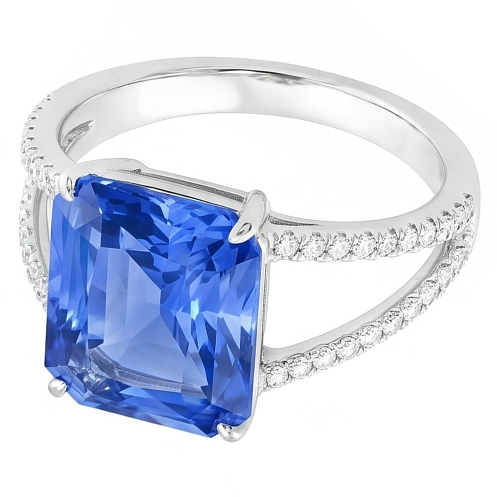 Anello con pietre preziose. zaffiro blu radiante con gambo diviso. diamante rotondo 5 carati