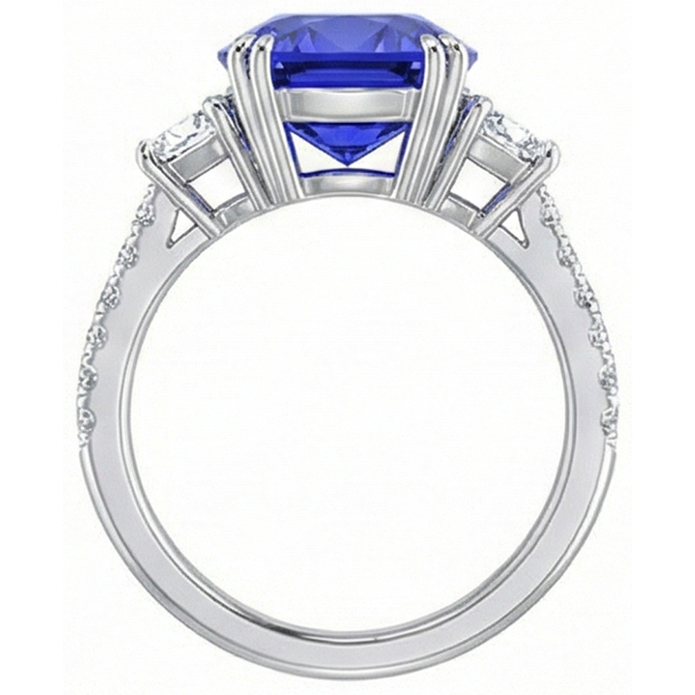 Anello con pietre preziose. zaffiro ovale. trapezio e pavé di diamanti 5.50 carati