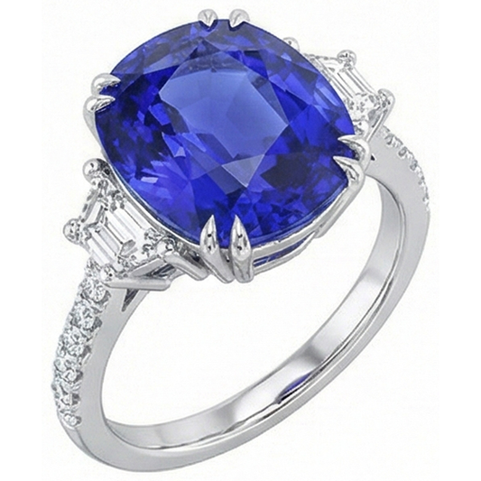 Anello con pietre preziose. zaffiro ovale. trapezio e pavé di diamanti 5.50 carati