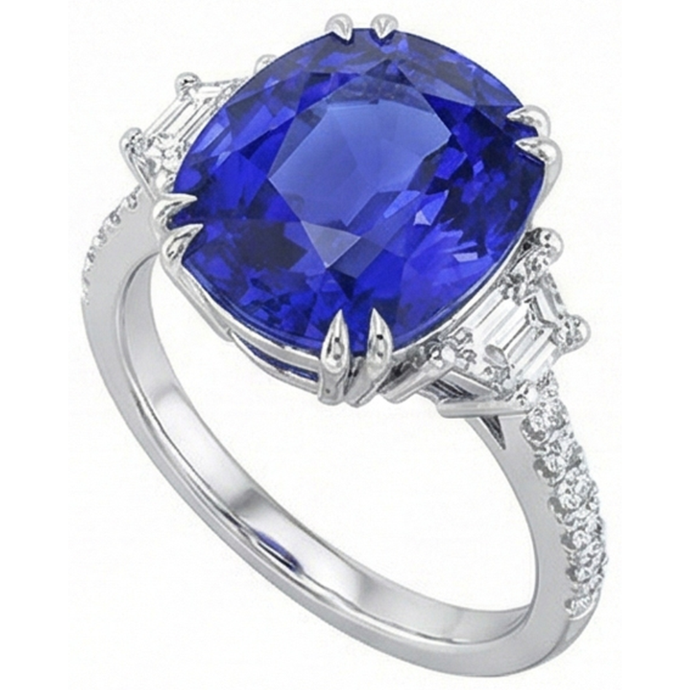 Anello con pietre preziose. zaffiro ovale. trapezio e pavé di diamanti 5.50 carati