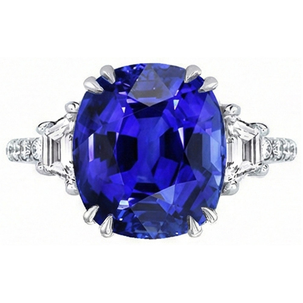Anello con pietre preziose. zaffiro ovale. trapezio e pavé di diamanti 5.50 carati