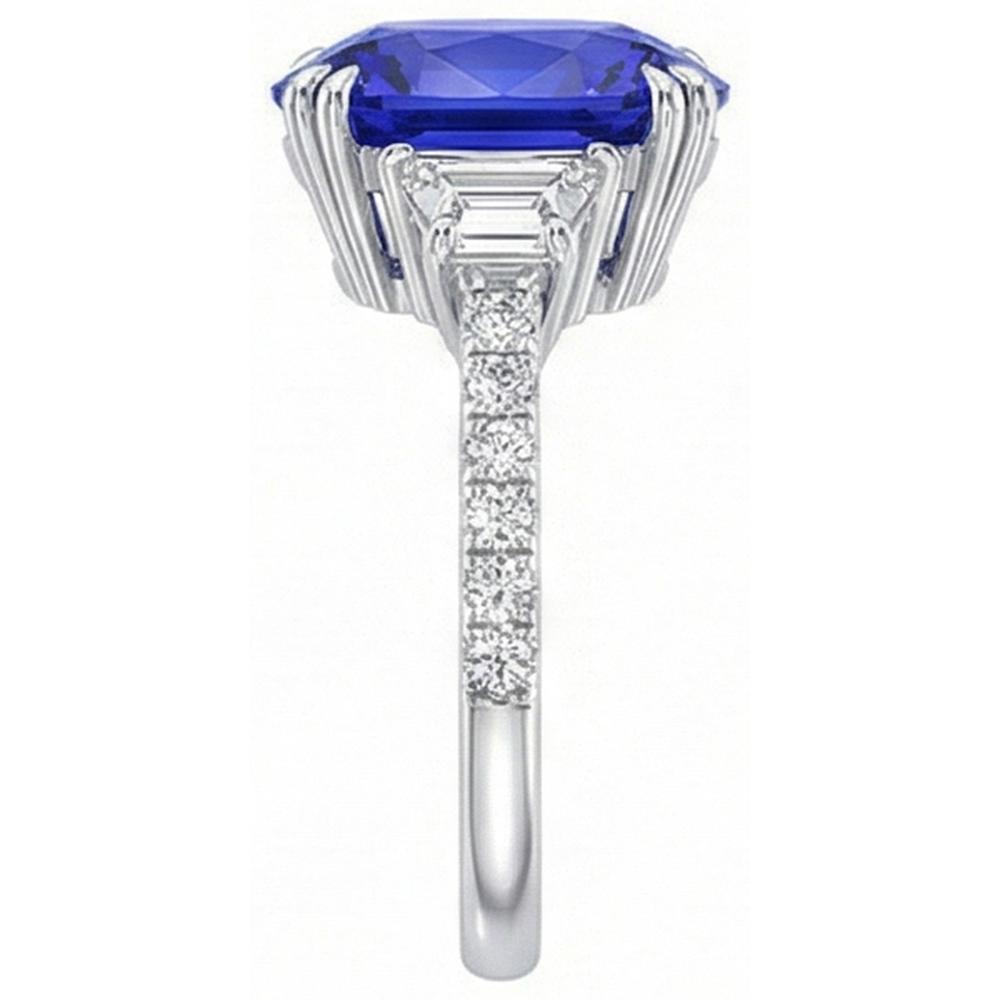 Anello con pietre preziose. zaffiro ovale. trapezio e pavé di diamanti 5.50 carati