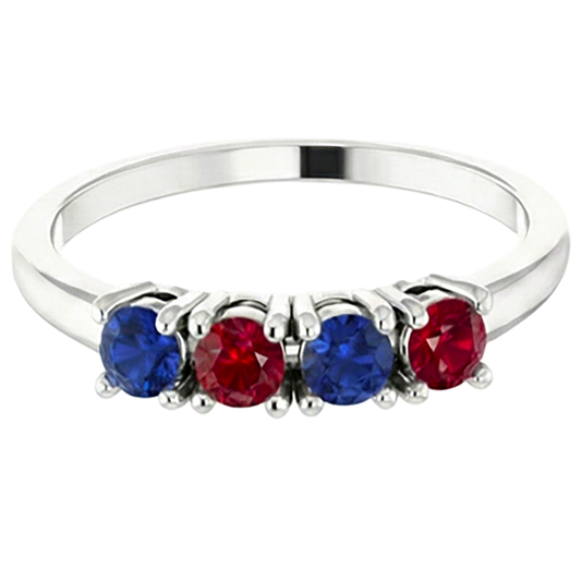 Anello con rubino e zaffiro a fascia 0.80 carati con montatura a griffe in oro bianco 14K