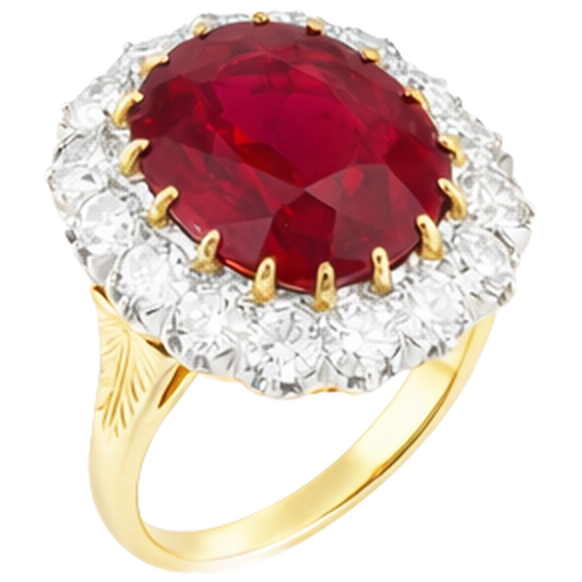 Anello con rubino ovale da 4,70 ct con diamanti in oro bicolore 14K