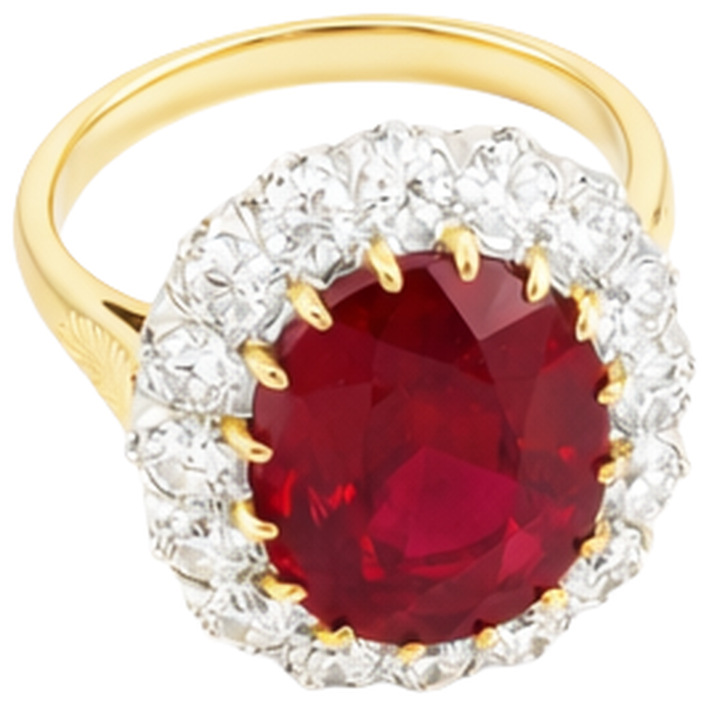 Anello con rubino ovale da 4,70 ct con diamanti in oro bicolore 14K