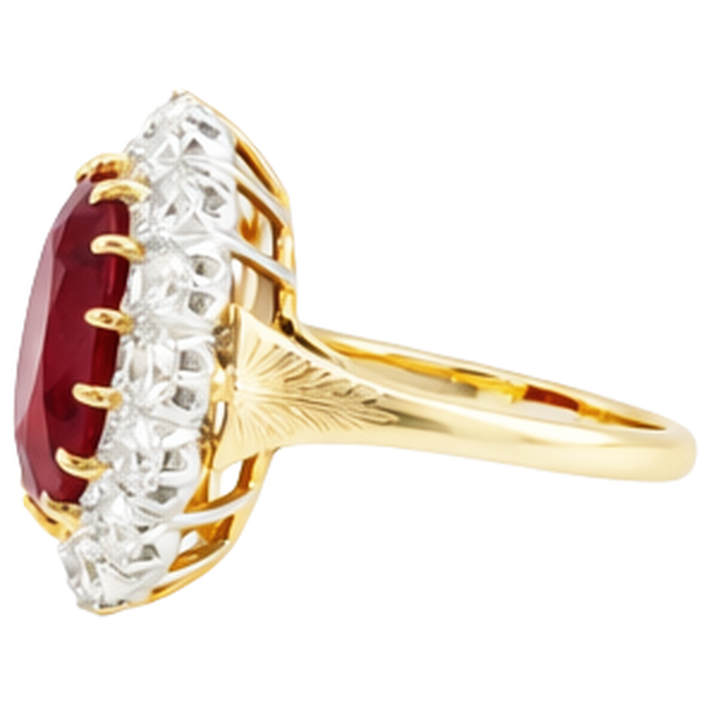 Anello con rubino ovale da 4,70 ct con diamanti in oro bicolore 14K
